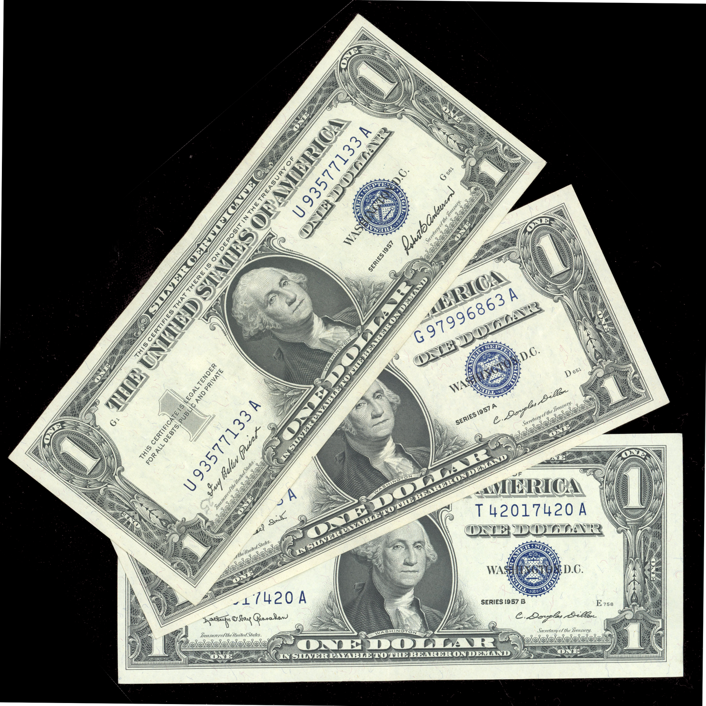 Full Set of 1957 1957A 1957B $1 Dollar Silver Certificates Blue Seal