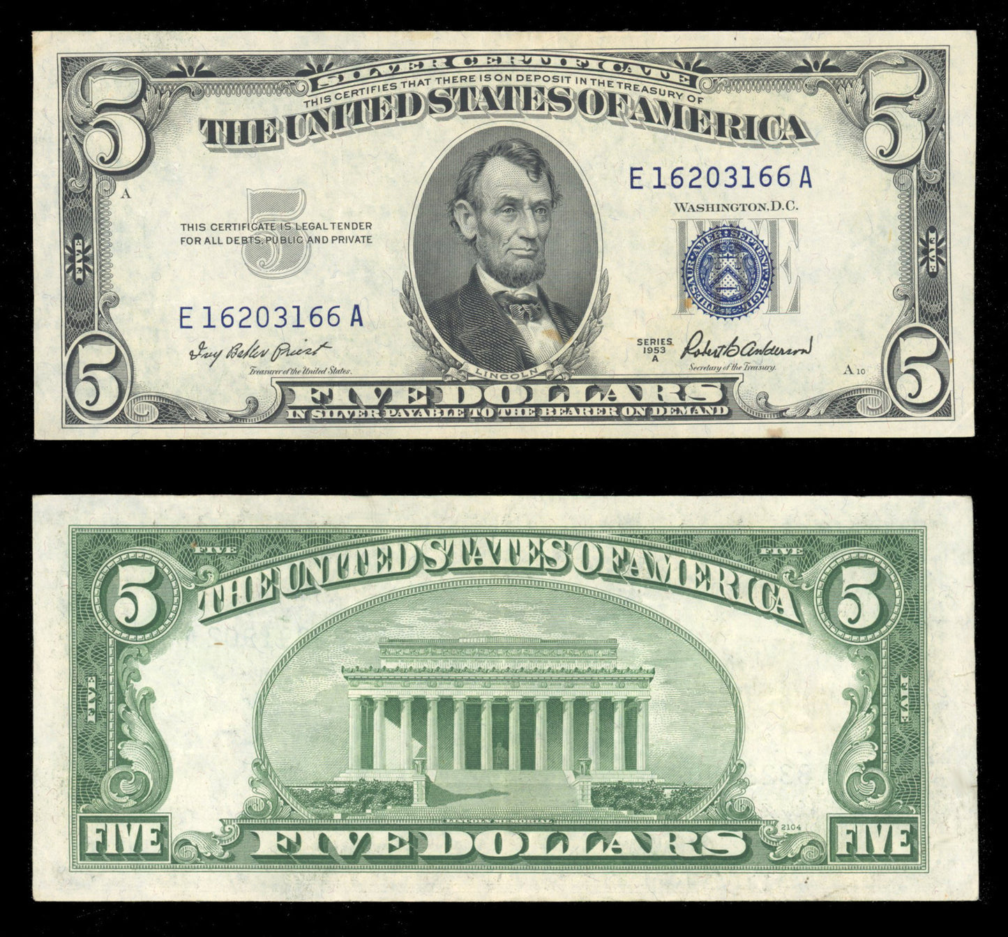 $5 Blue Seal Silver Certificate Series 1953 Old US Currency (Select your Condition)