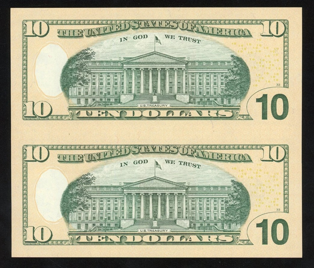 Uncut sheet of 2 $10 Bills Series 2009 Crisp Real Connected US Paper money