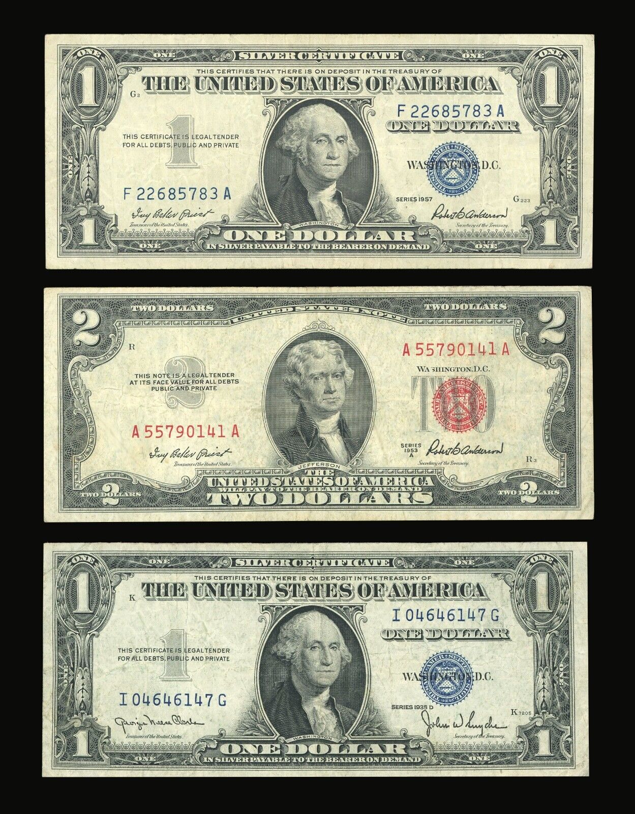 Set of Old US Paper Money and Silver Certificates, $1 1957, $1 1935, $2 1953 Red Seal (Select your Condition)