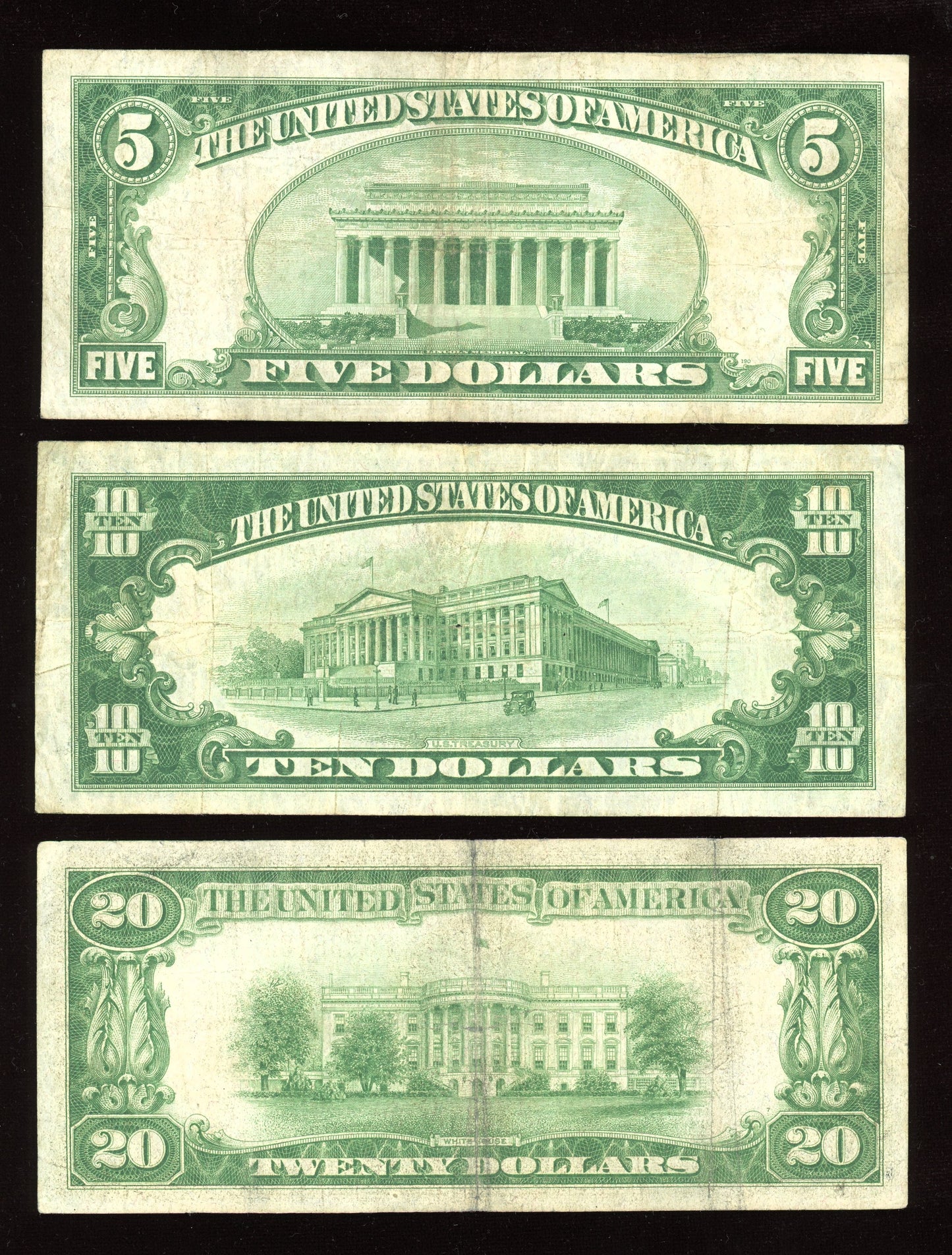 Set of 1928 $5 $10 $20 Green Seal REDEEMABLE IN GOLD