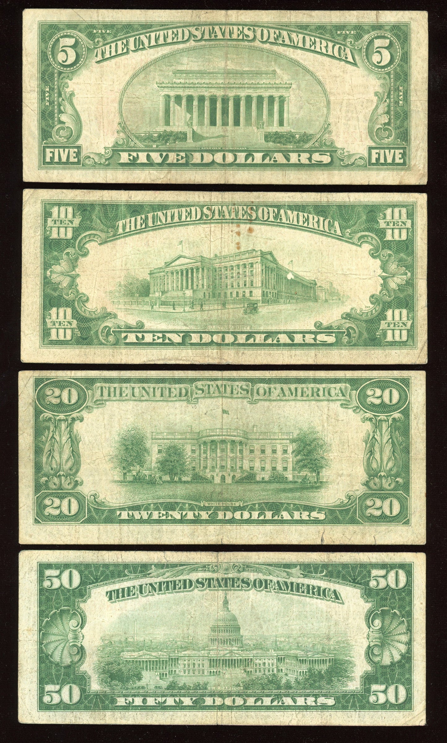 1929 National Bank Notes Set Federal Reserve Notes $5 $10 $20 $50 Brown Seal