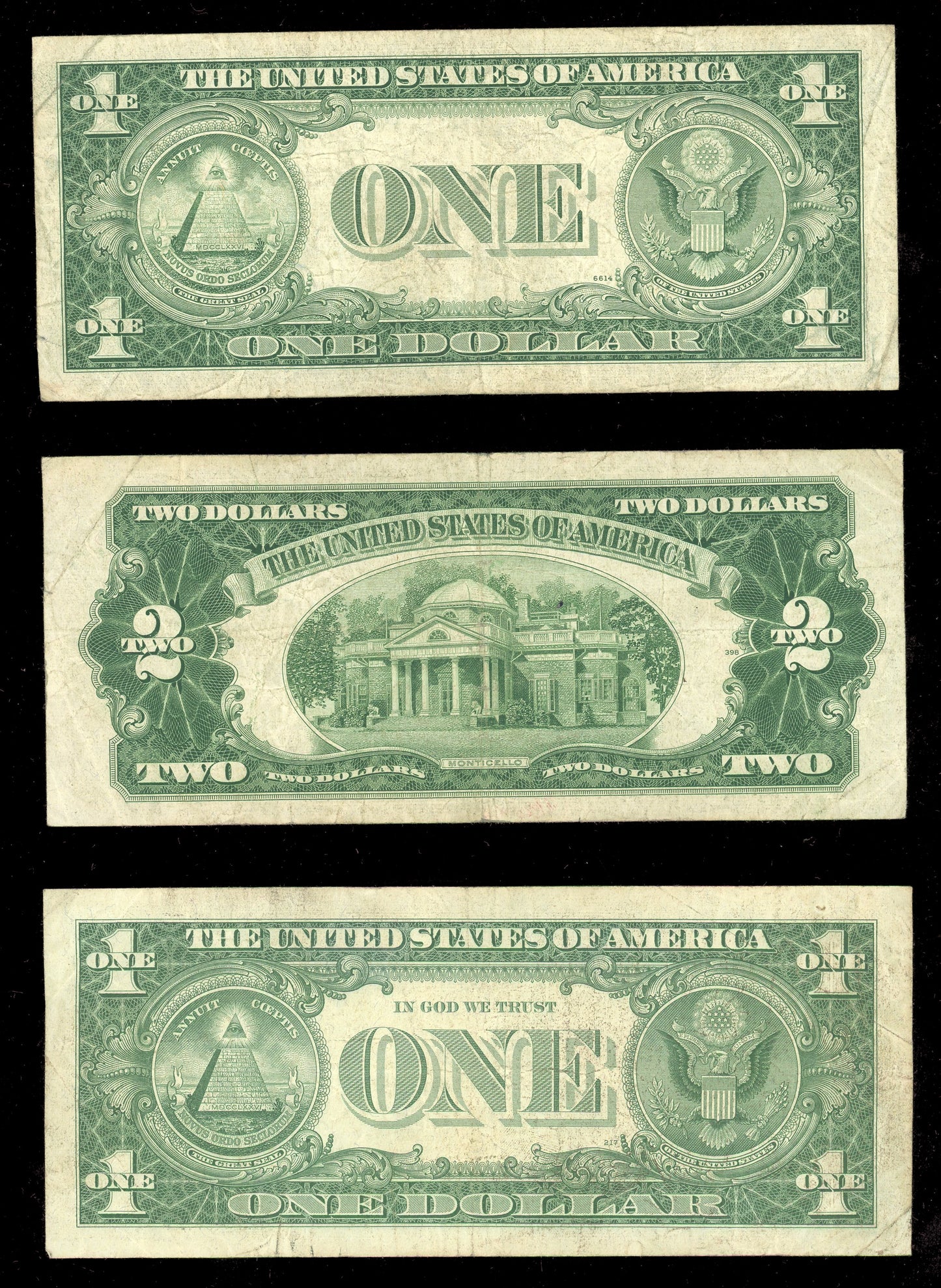 Set of STARS Old US Currency & Silver Certificate $1 1957, $1 1935, $2 1953 STAR