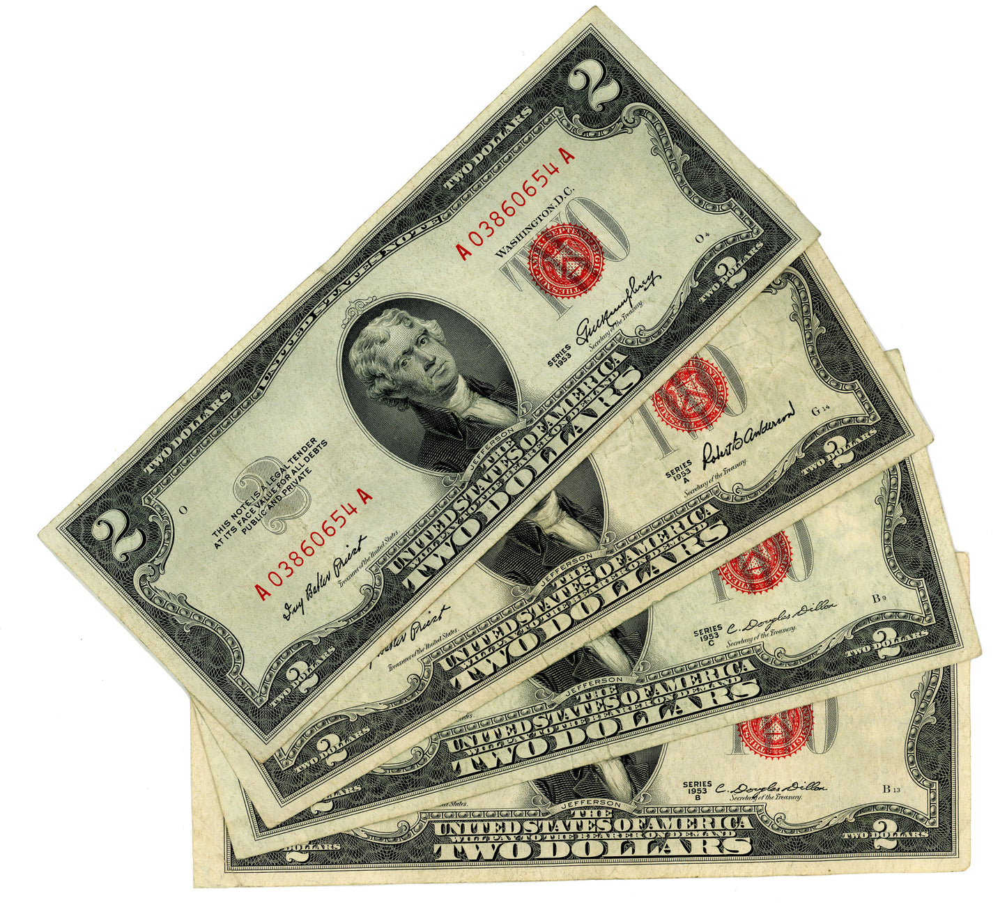 Full Set of 1953 1953A 1953B 1953C $2 Dollar Bills US Red Seal 4 Notes Nice