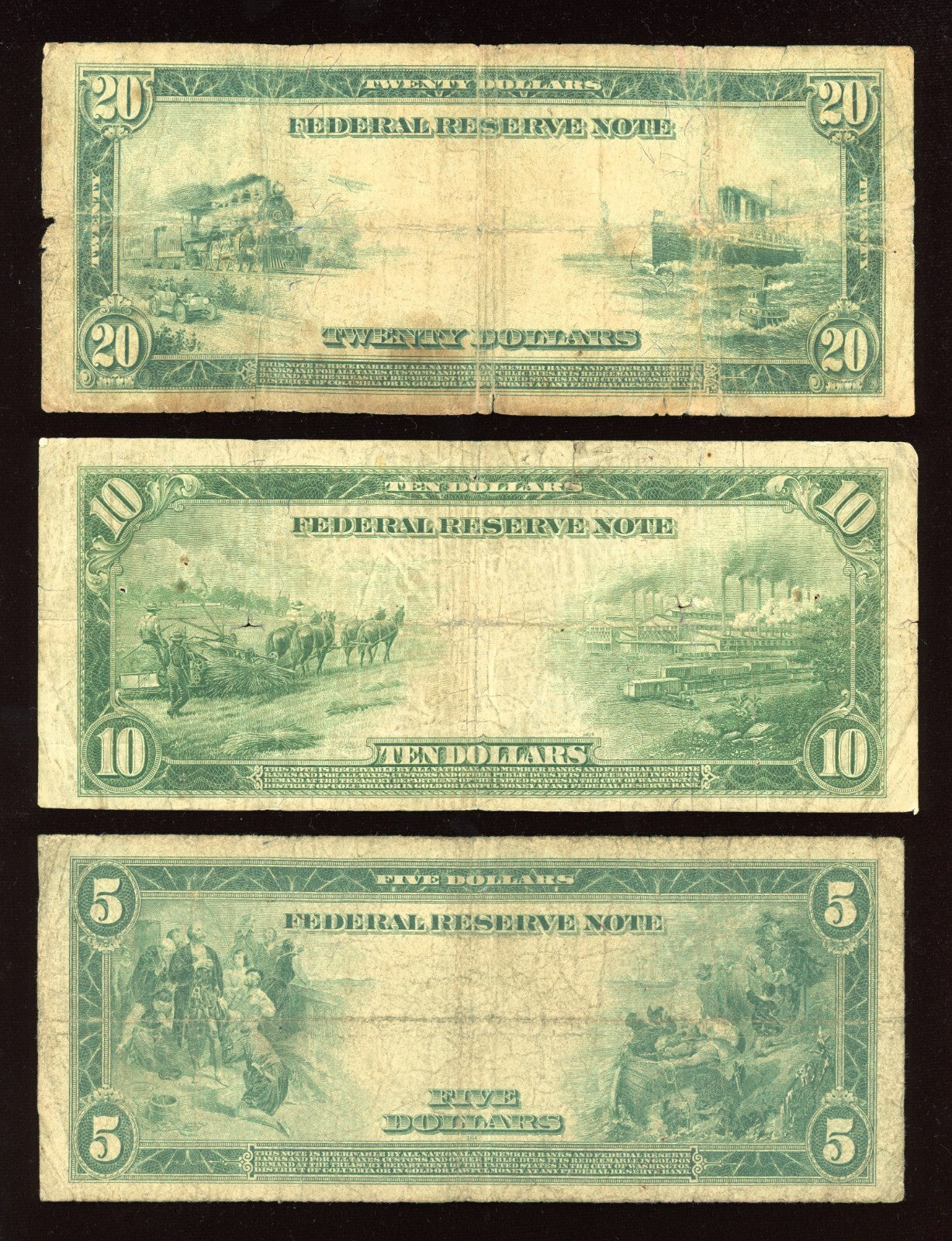 Set of 1914 $5 $10 $20 Federal Reserve Note Large Size Blue seal
