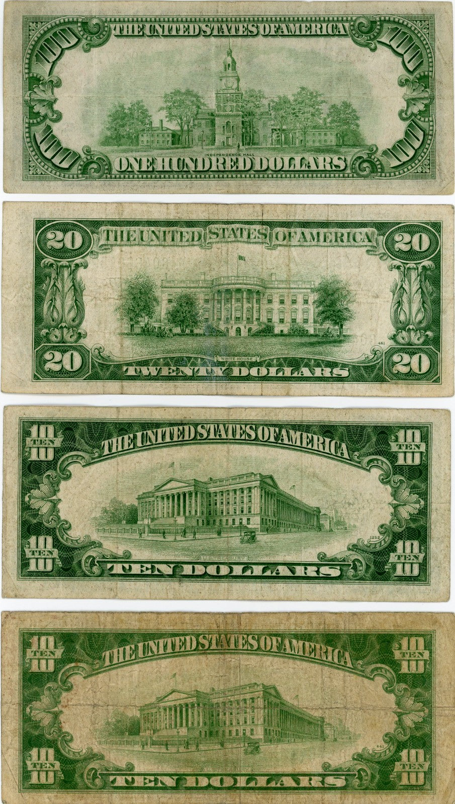 Set $10 $20 $100 Series 1934 Legal Tender and $10 Silver Certificate Blue Seal