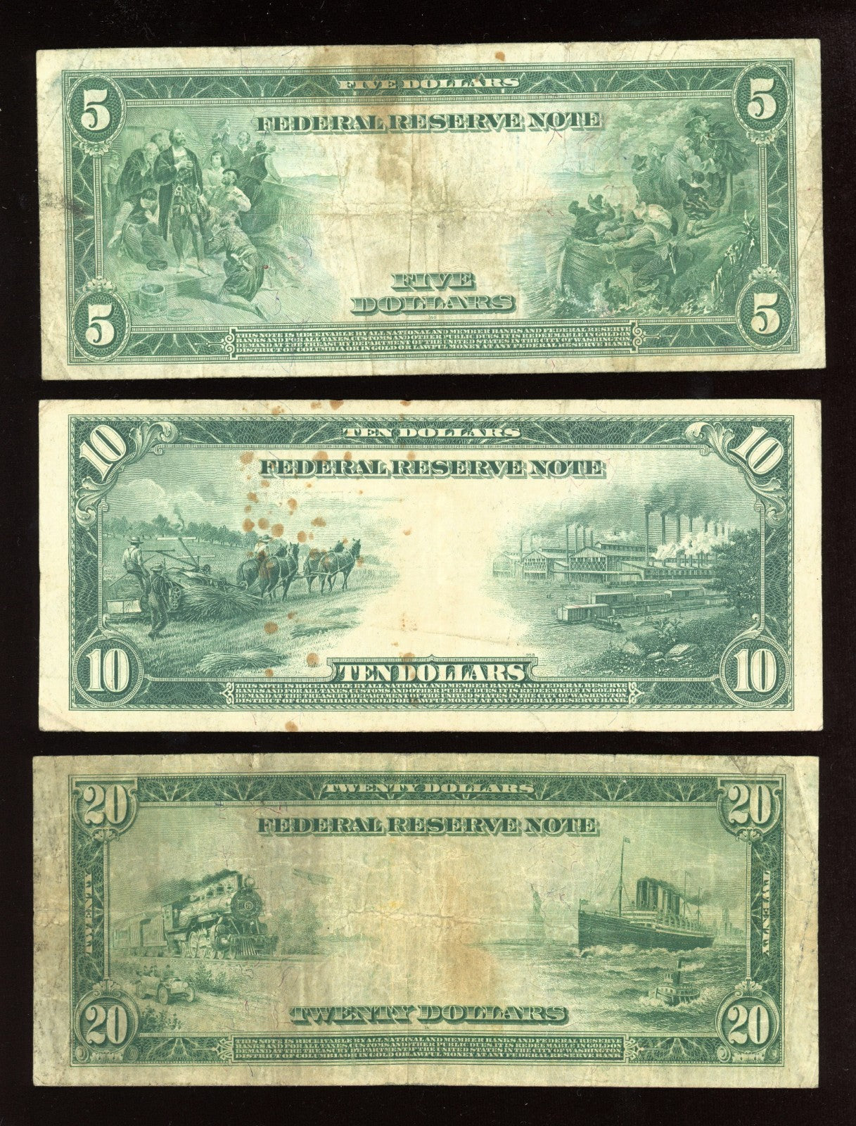 Set of 1914 $5 $10 $20 Federal Reserve Note Large Size Blue seal
