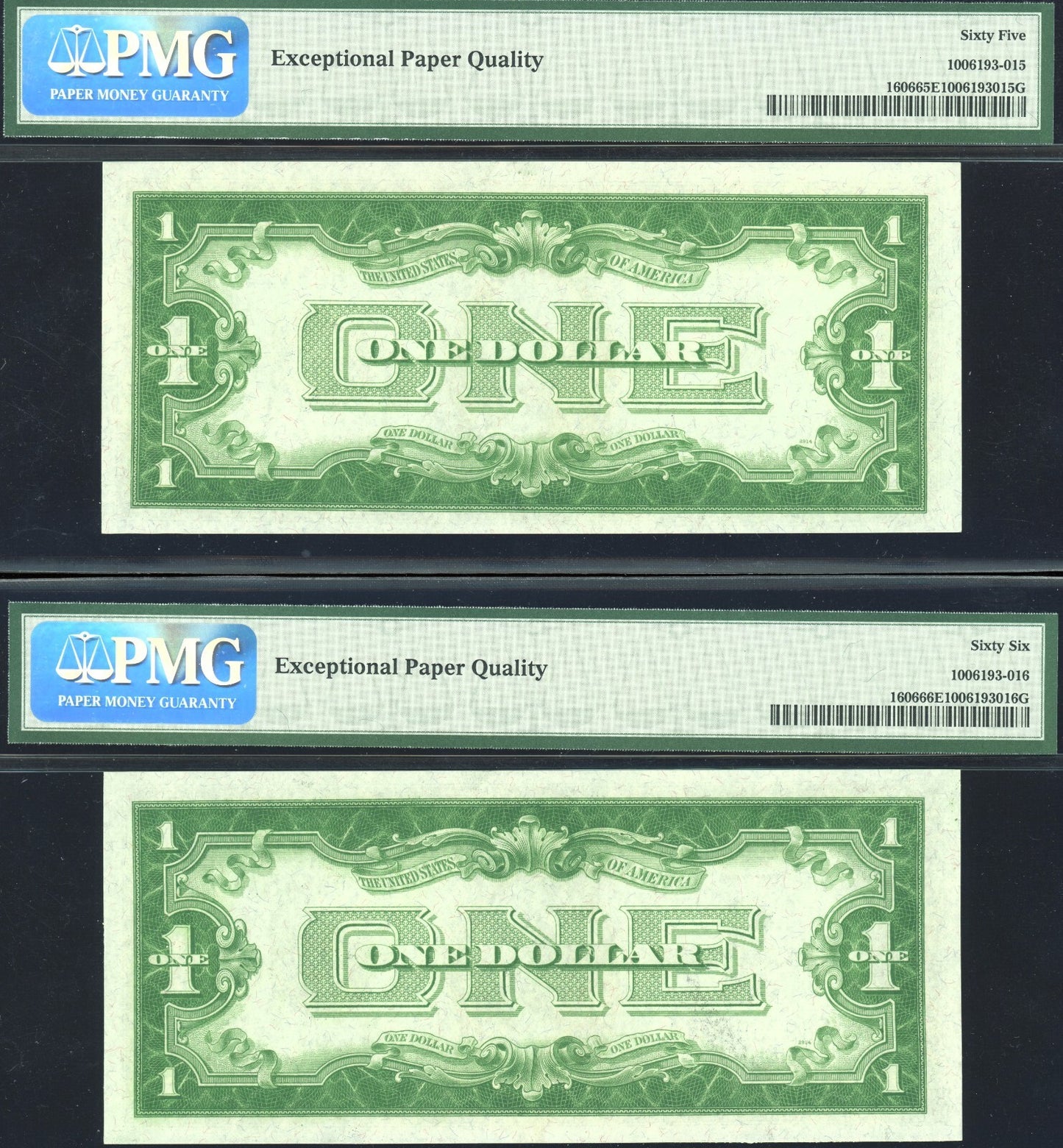 Set of 2 "Consecutive" 1934 $1 Silver Certificate Funny Back notes PMG 66 and 65