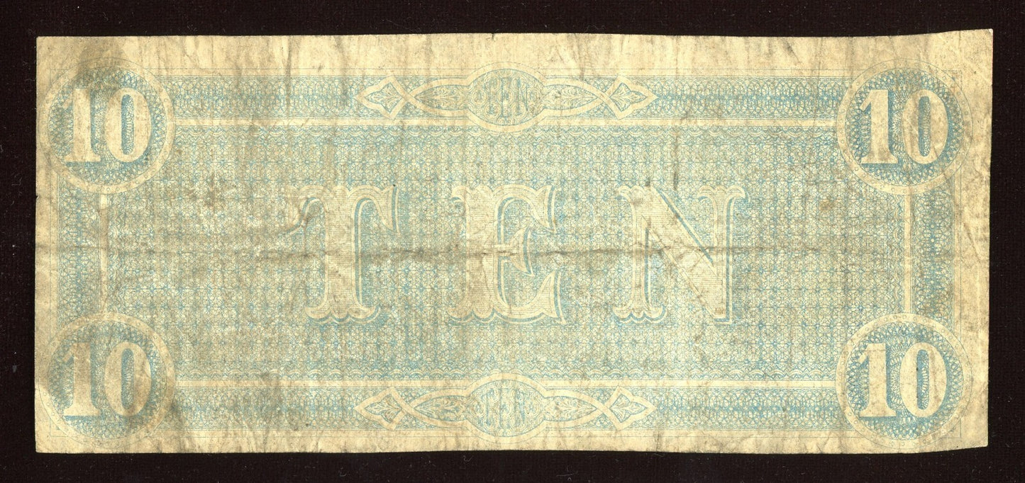 1864 $10 Ten Dollar Confederate States of America Note Richmond