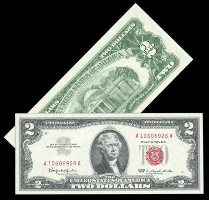 $2 Red Seal Series 1963 Red Seal United States Notes with Monticelo Back, Old Paper Money