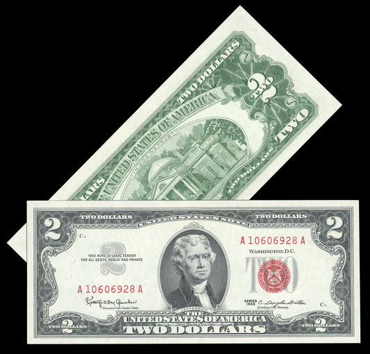 $2 Red Seal Series 1963 Red Seal United States Notes with Monticelo Back, Old Paper Money