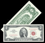 $2 Red Seal Series 1963 Red Seal United States Notes with Monticelo Back, Old Paper Money