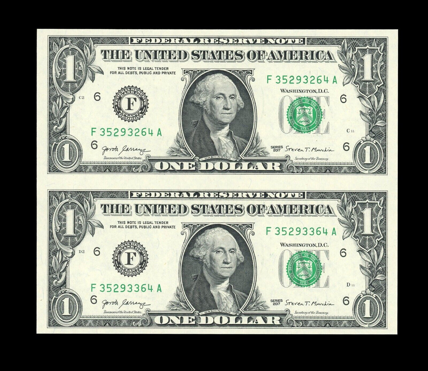 Uncut sheet of 2 $1 Bills 2017 Subject Sheet Crisp Real US Paper money GEM