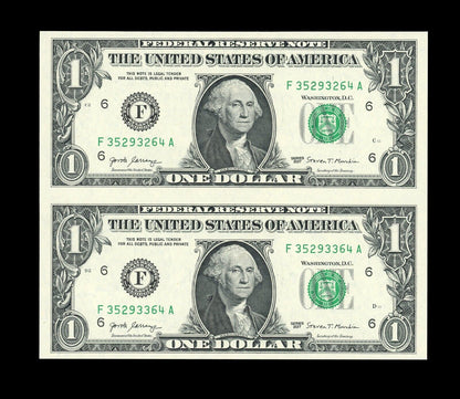 Uncut sheet of 2 $1 Bills 2017 Subject Sheet Crisp Real US Paper money GEM
