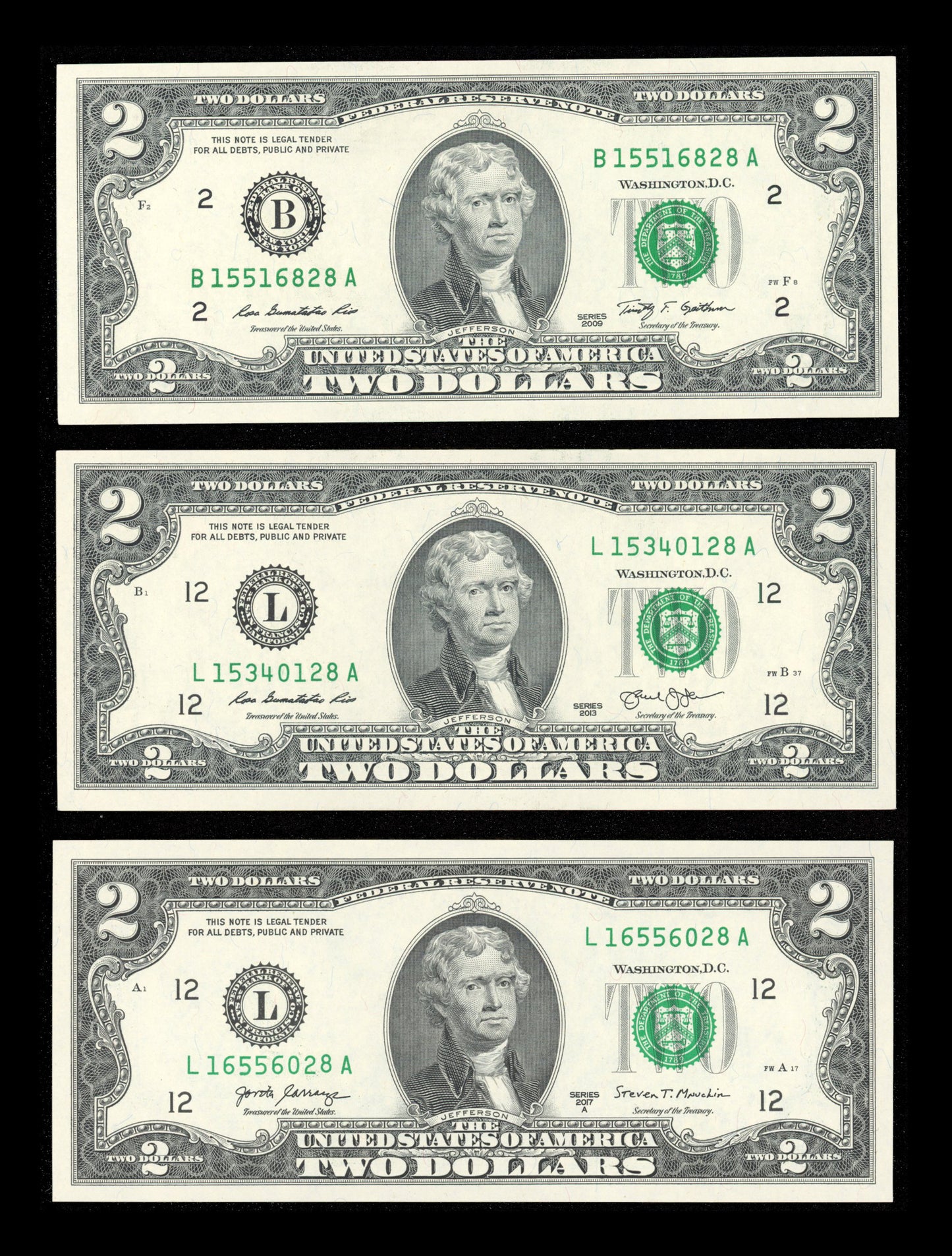 Beautiful Set of $2 Bills 2009 2013 2017 Crisp Gem Uncirculated Set of 3