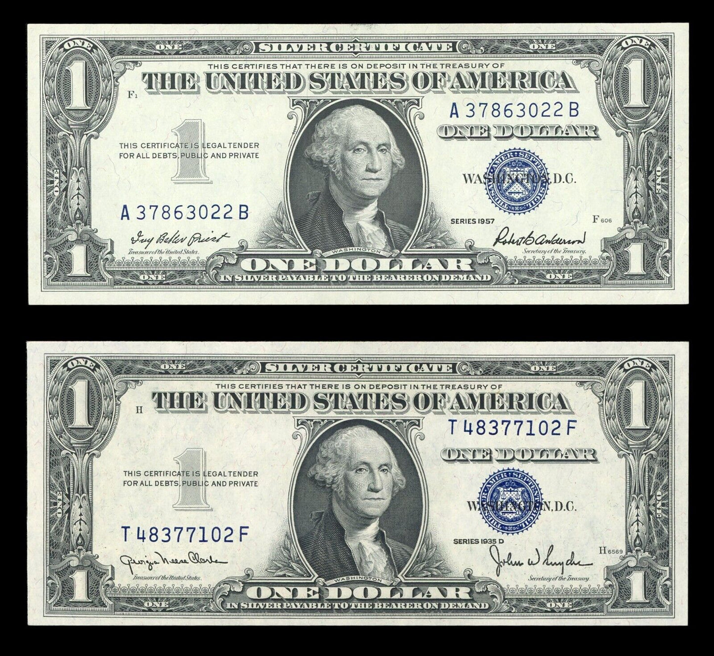 Set of 2 Silver certificates $1 Series 1957 & 1935 Blue seal Old US Paper Money