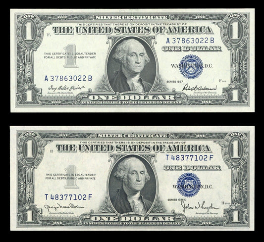 Set of 2 Silver certificates $1 Series 1957 & 1935 Blue seal Old US Paper Money