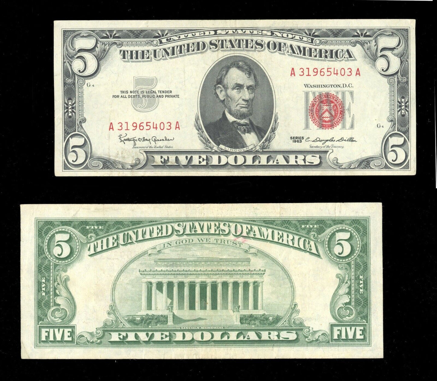 1963 $5 Red Seal Legal Tender US Note Old U.S. Paper Money