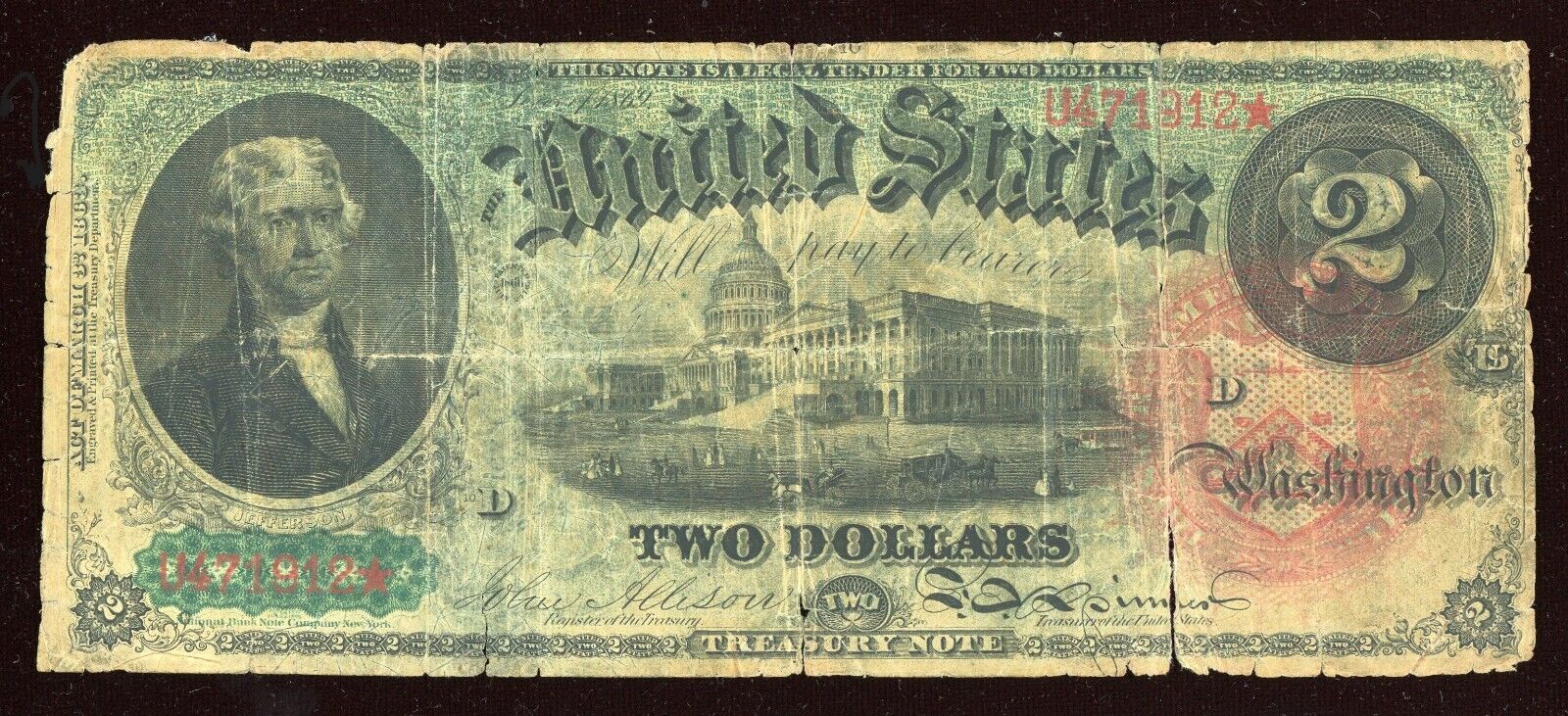 1869 $2 Two Dollar "RAINBOW" Legal Tender Note FR.42