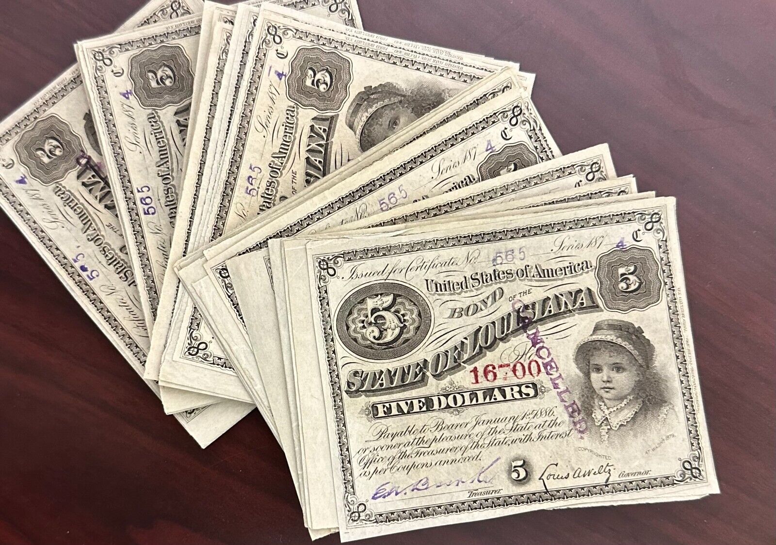 1874 $5 Five Dollars State Of  Louisiana “BABY BOND” Currency Note