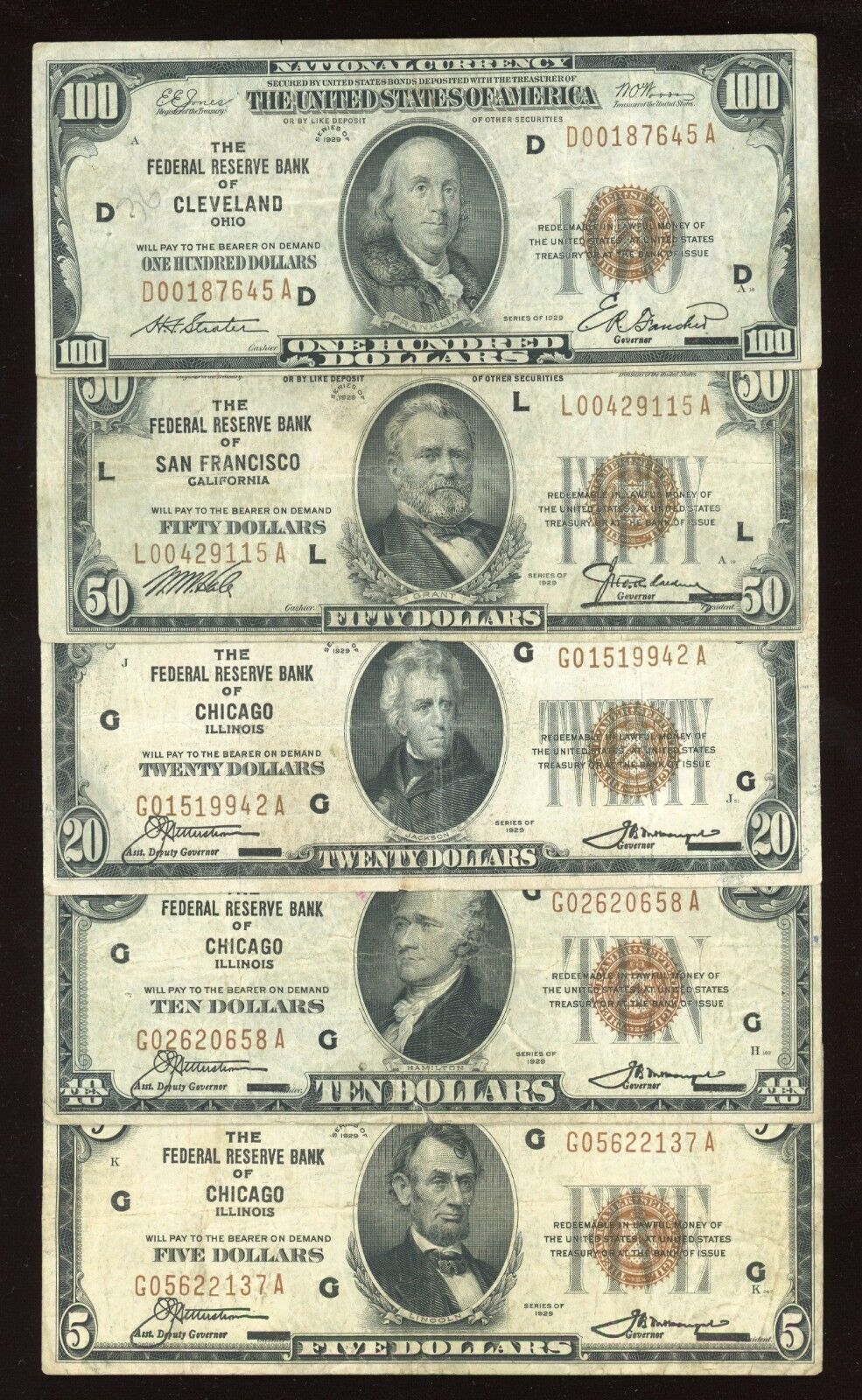 "FULL" Set of 1929 National Bank Federal Reserve $100 $50 $20 $10 $5 Brown Seal