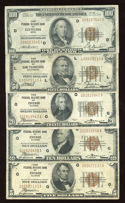 "FULL" Set of 1929 National Bank Federal Reserve $100 $50 $20 $10 $5 Brown Seal