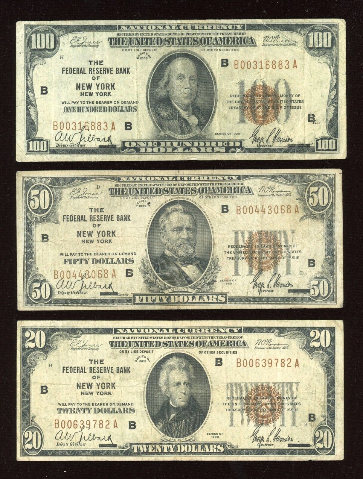 "RARE" Set 1929 Federal Reserve Bank of NEW YORK $5 $10 $20 $50 $100 Brown Seal
