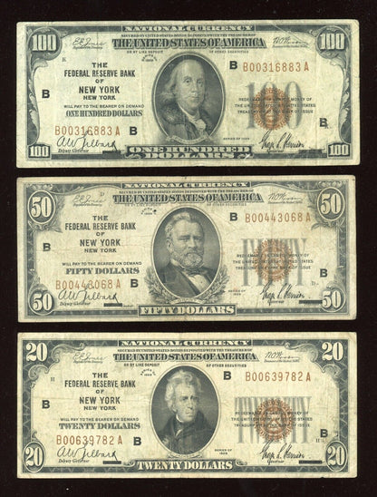 "RARE" Set 1929 Federal Reserve Bank of NEW YORK $5 $10 $20 $50 $100 Brown Seal