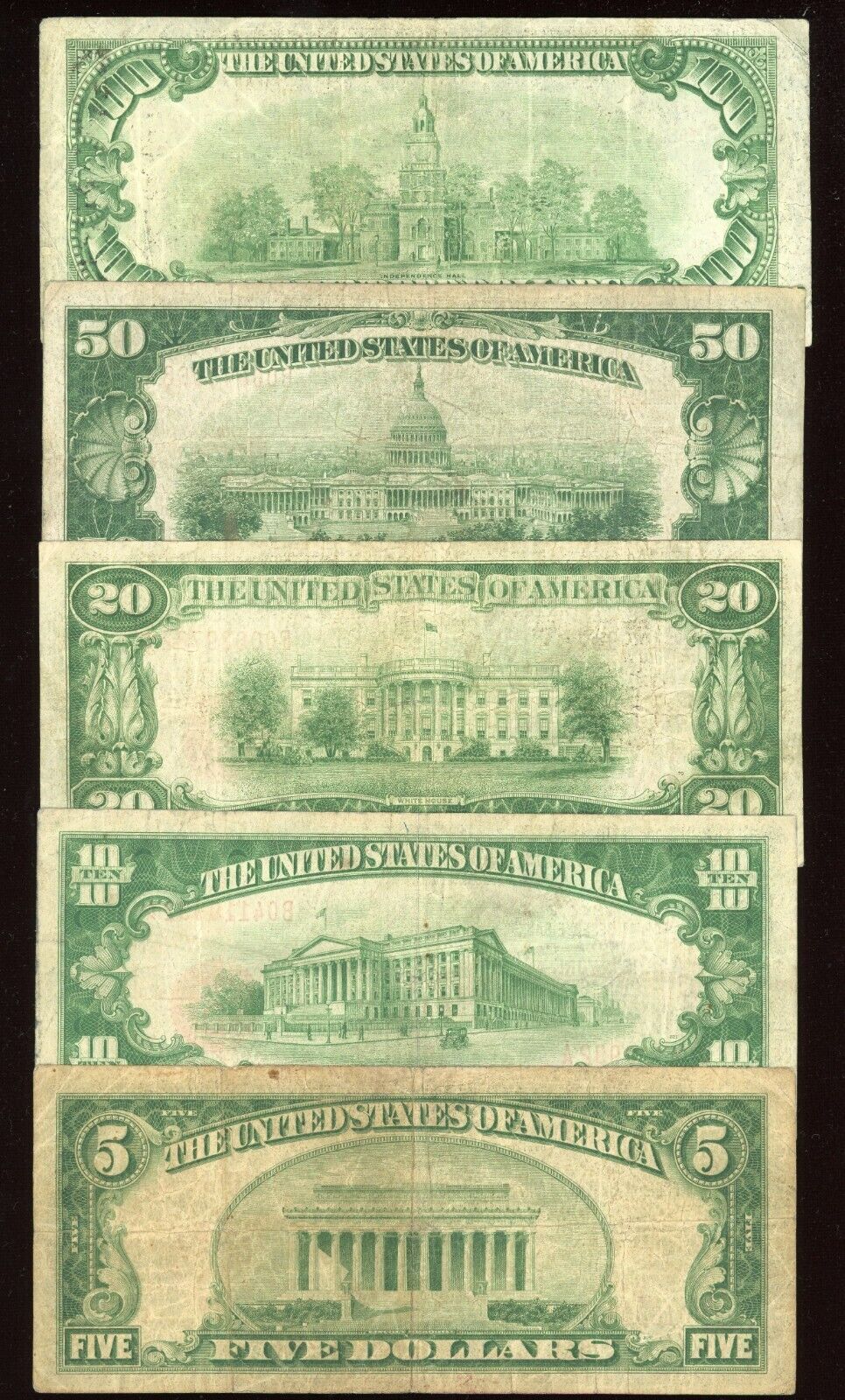"RARE" Set 1929 Federal Reserve Bank of NEW YORK $5 $10 $20 $50 $100 Brown Seal
