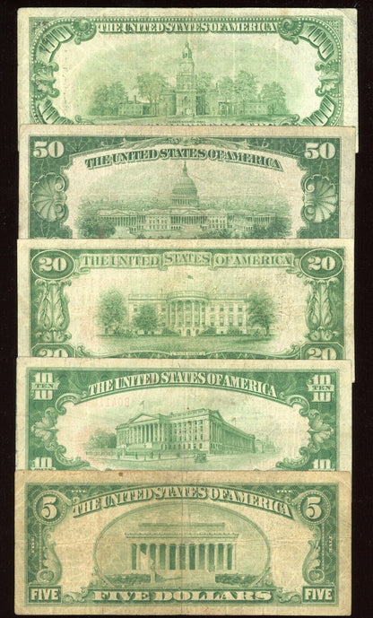 "RARE" Set 1929 Federal Reserve Bank of NEW YORK $5 $10 $20 $50 $100 Brown Seal