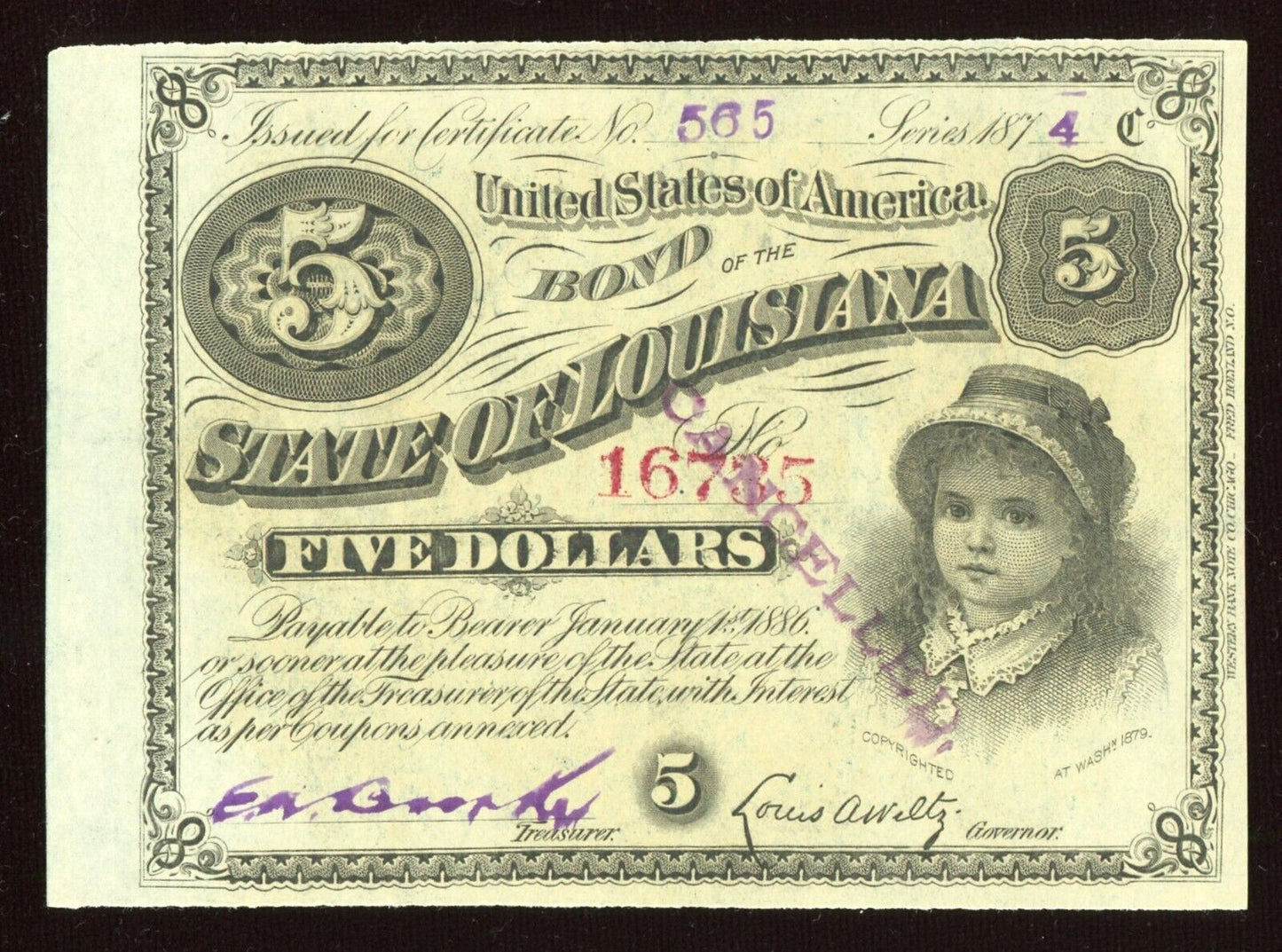 1874 $5 Five Dollars State Of  Louisiana “BABY BOND” Currency Note