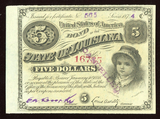 1874 $5 Five Dollars State Of  Louisiana “BABY BOND” Currency Note