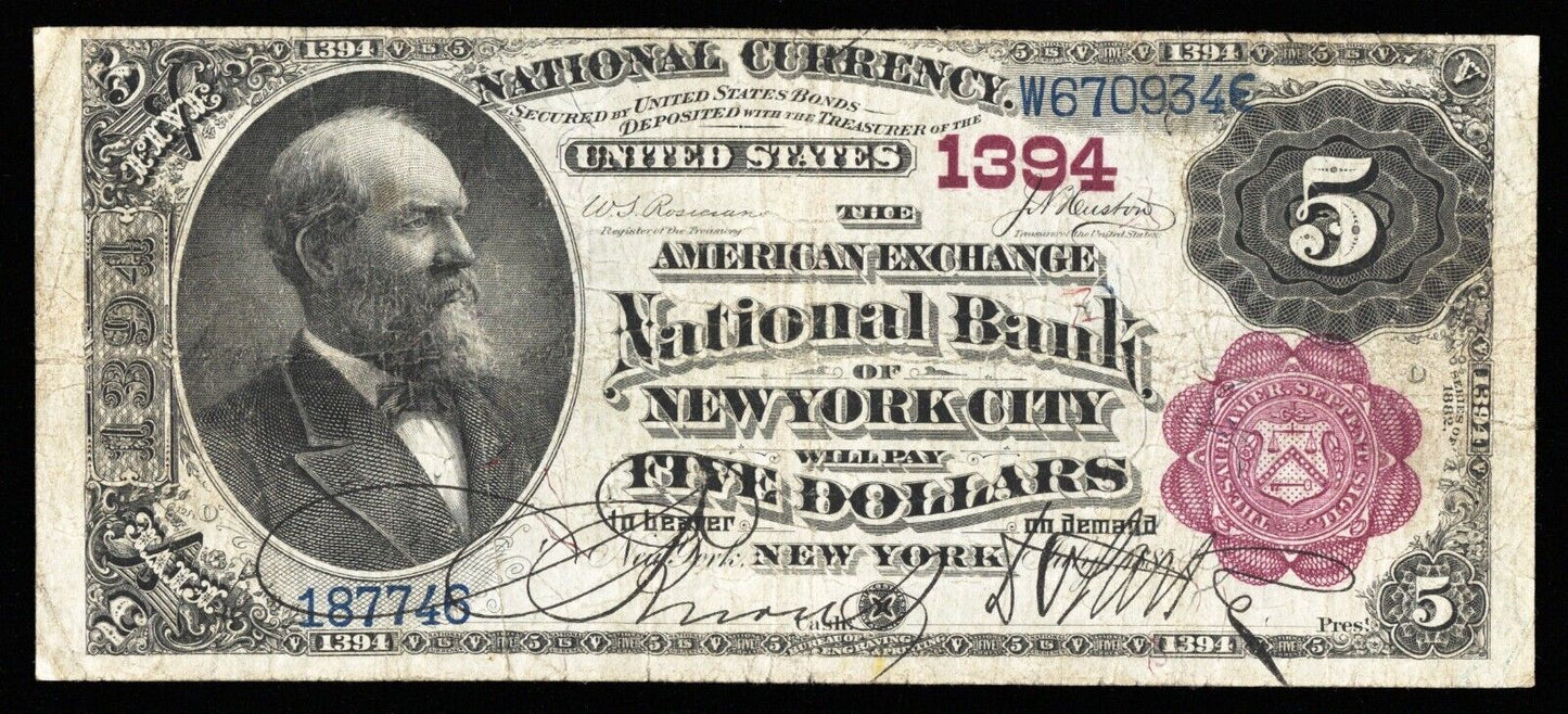 1882 $5 AMERICAN EXCHANGE NB OF NEW YORK CITY, NY NATIONAL CURRENCY CH #1394