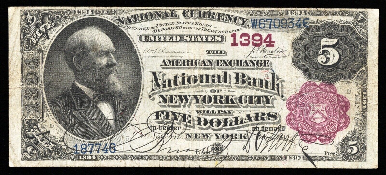 1882 $5 AMERICAN EXCHANGE NB OF NEW YORK CITY, NY NATIONAL CURRENCY CH #1394
