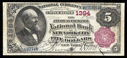 1882 $5 AMERICAN EXCHANGE NB OF NEW YORK CITY, NY NATIONAL CURRENCY CH #1394