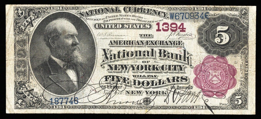 1882 $5 AMERICAN EXCHANGE NB OF NEW YORK CITY, NY NATIONAL CURRENCY CH #1394