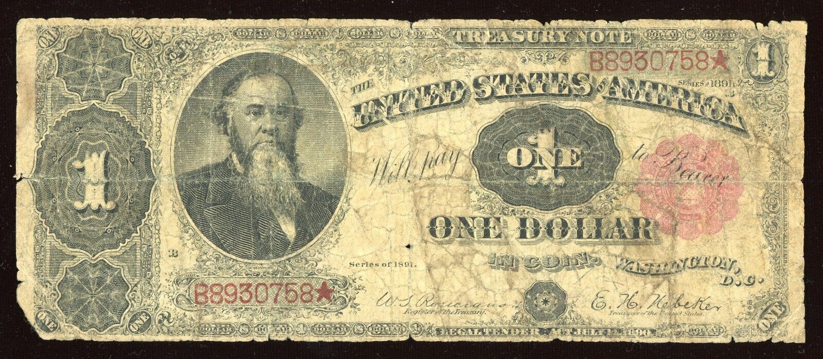 1891 One Dollar Treasury Note $1 Large Size