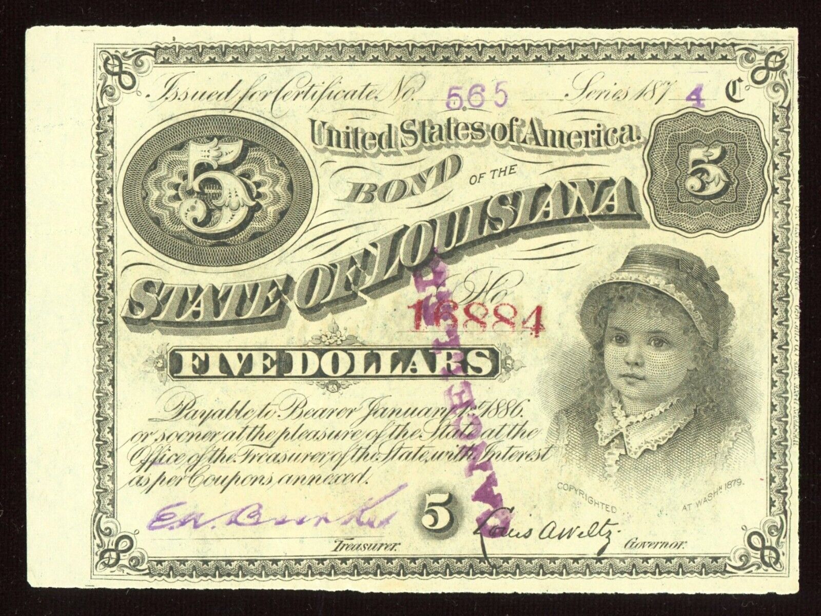 1874 $5 Five Dollars State Of  Louisiana “BABY BOND” Currency Note