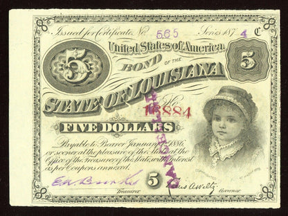 1874 $5 Five Dollars State Of  Louisiana “BABY BOND” Currency Note