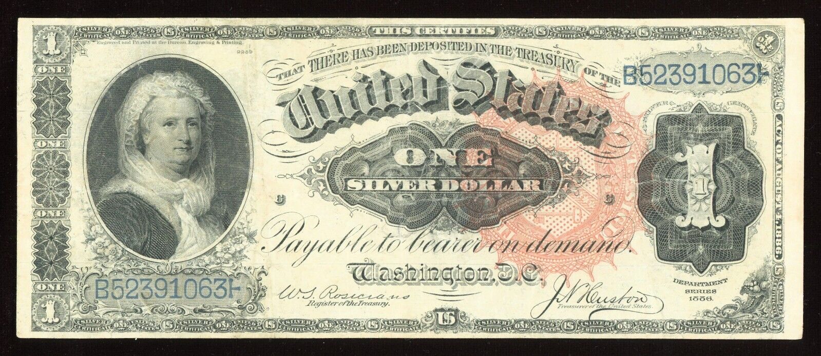 1886 Martha Washington $1 Silver Certificate Large Red Seal FR.218