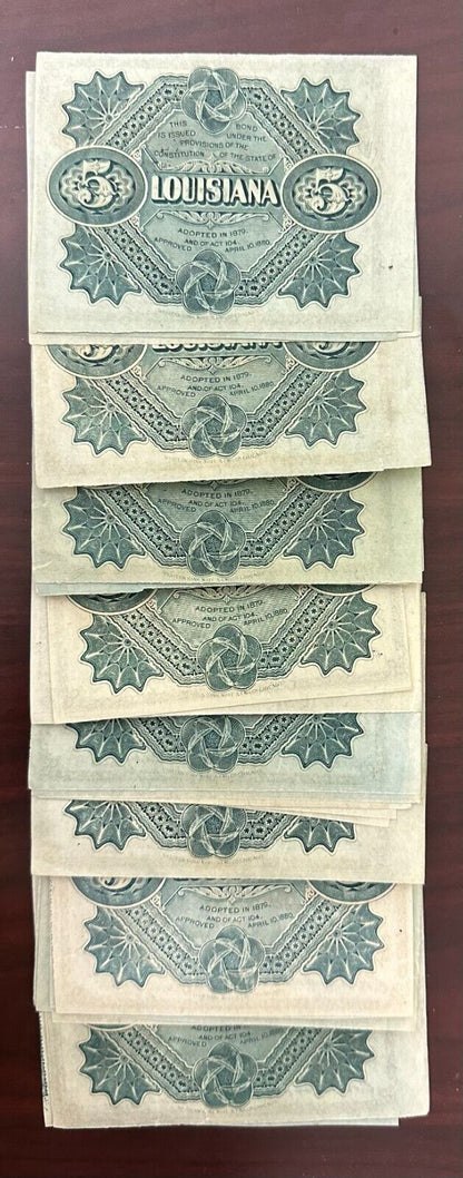 1874 $5 Five Dollars State Of  Louisiana “BABY BOND” Currency Note