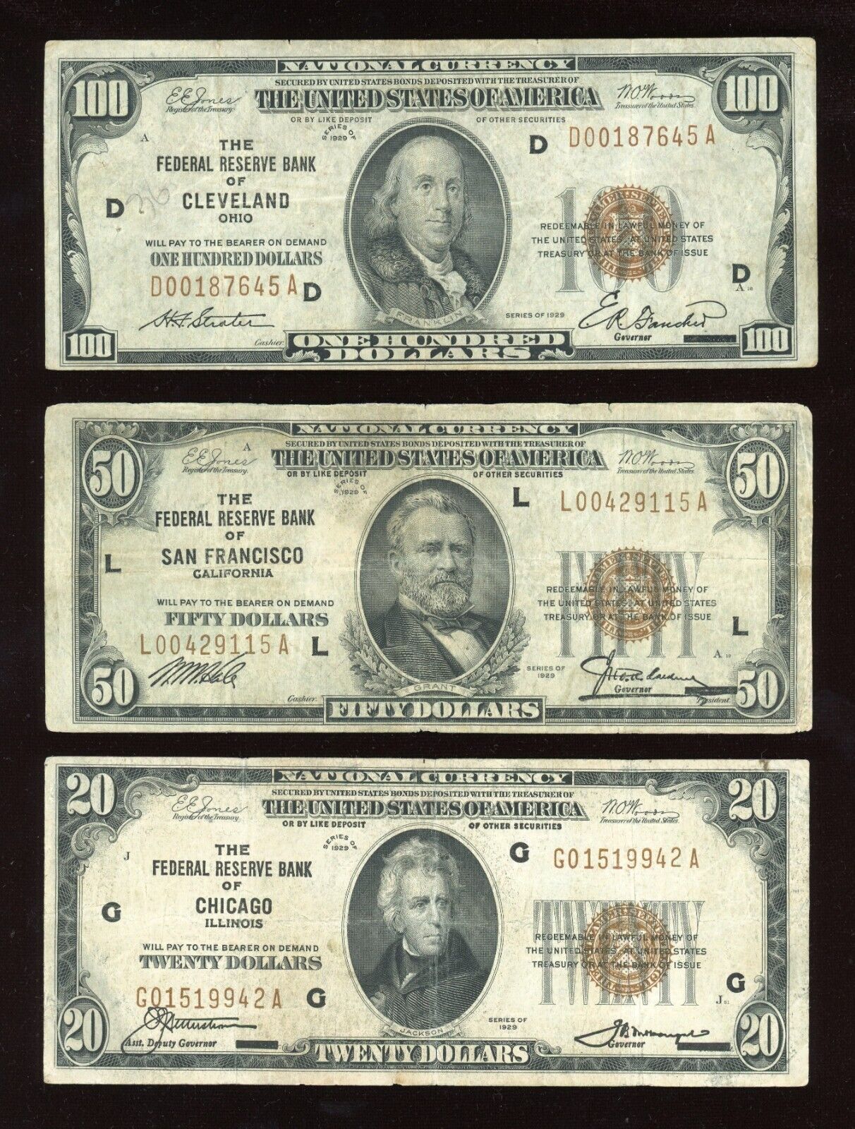 "FULL" Set of 1929 National Bank Federal Reserve $100 $50 $20 $10 $5 Brown Seal