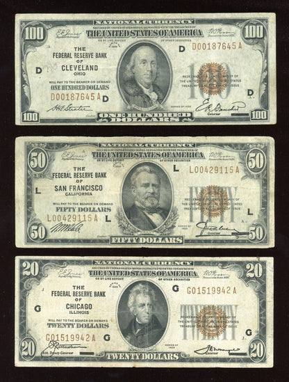 "FULL" Set of 1929 National Bank Federal Reserve $100 $50 $20 $10 $5 Brown Seal