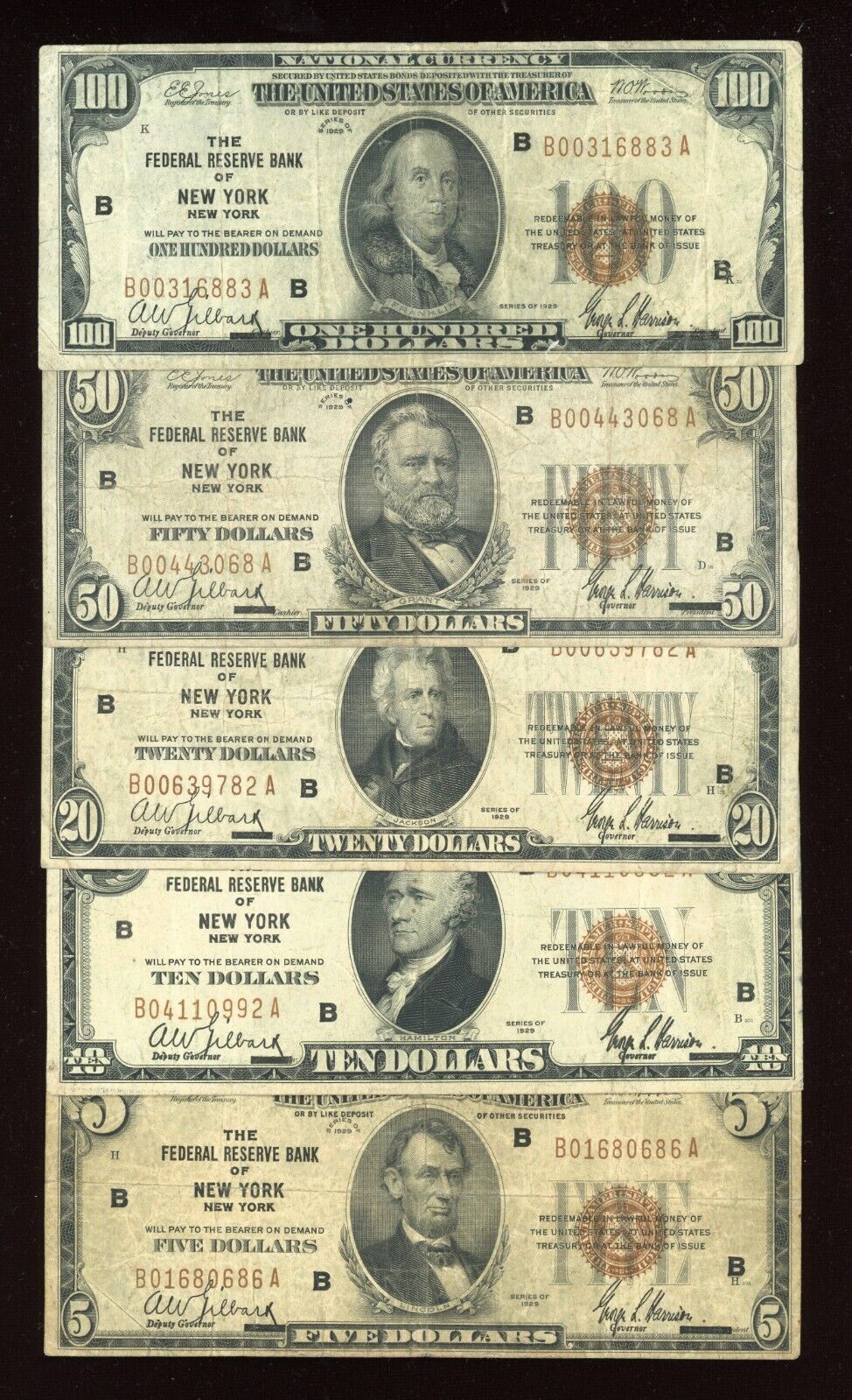 "RARE" Set 1929 Federal Reserve Bank of NEW YORK $5 $10 $20 $50 $100 Brown Seal