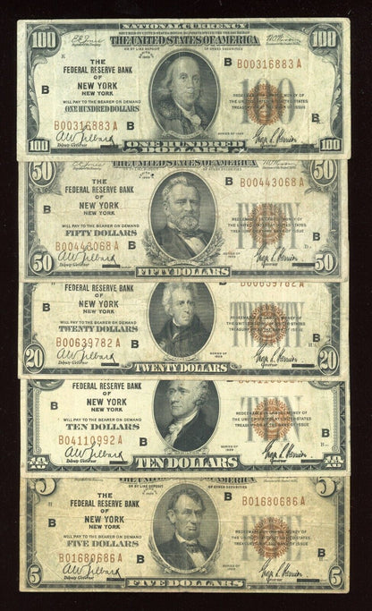 "RARE" Set 1929 Federal Reserve Bank of NEW YORK $5 $10 $20 $50 $100 Brown Seal