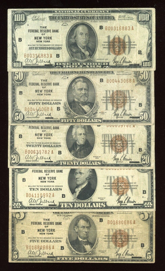 "RARE" Set 1929 Federal Reserve Bank of NEW YORK $5 $10 $20 $50 $100 Brown Seal