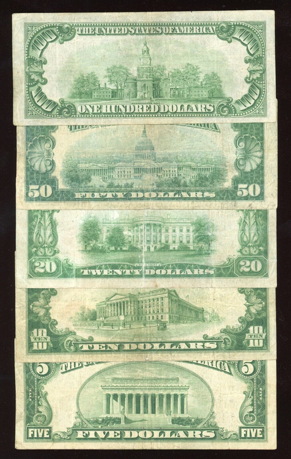 "FULL" Set of 1929 National Bank Federal Reserve $100 $50 $20 $10 $5 Brown Seal