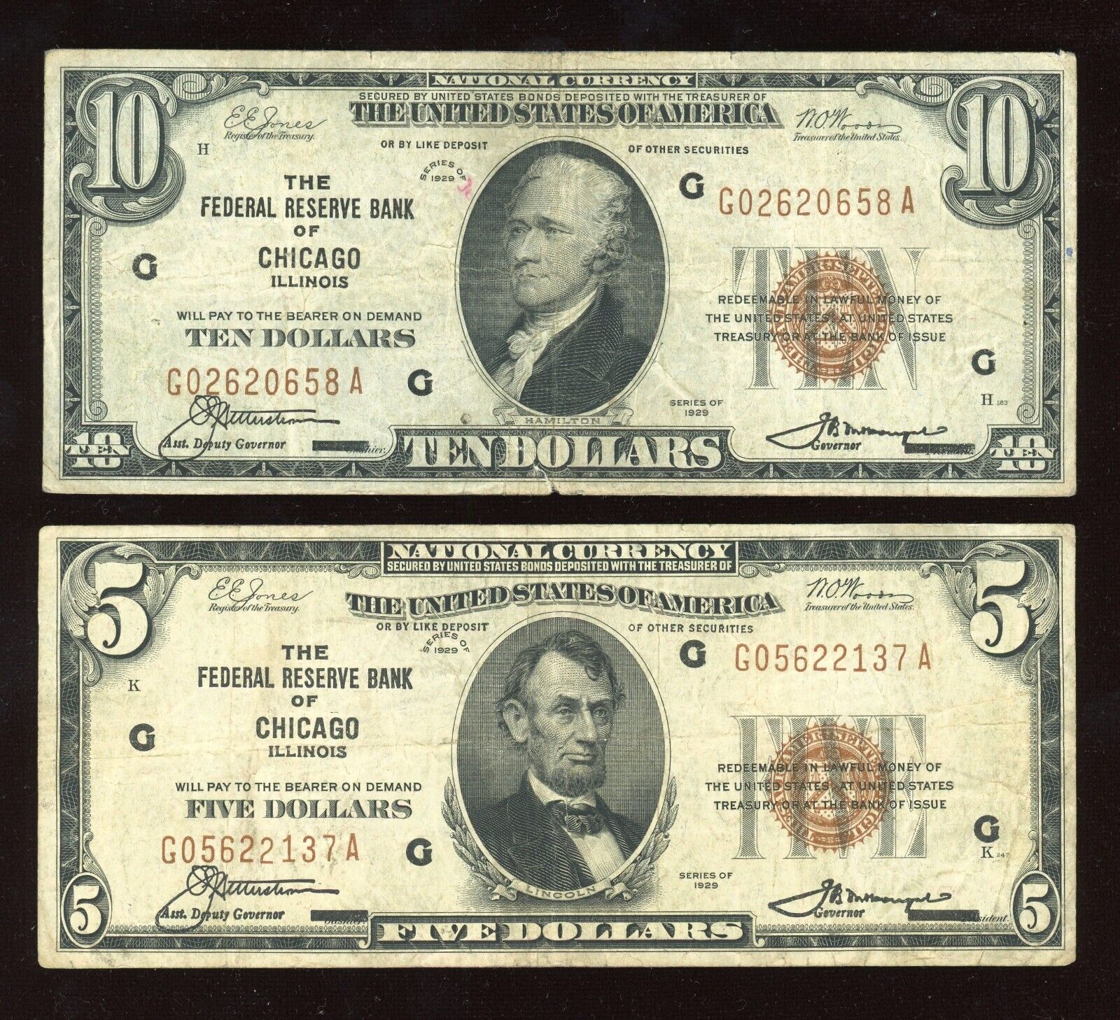 "FULL" Set of 1929 National Bank Federal Reserve $100 $50 $20 $10 $5 Brown Seal