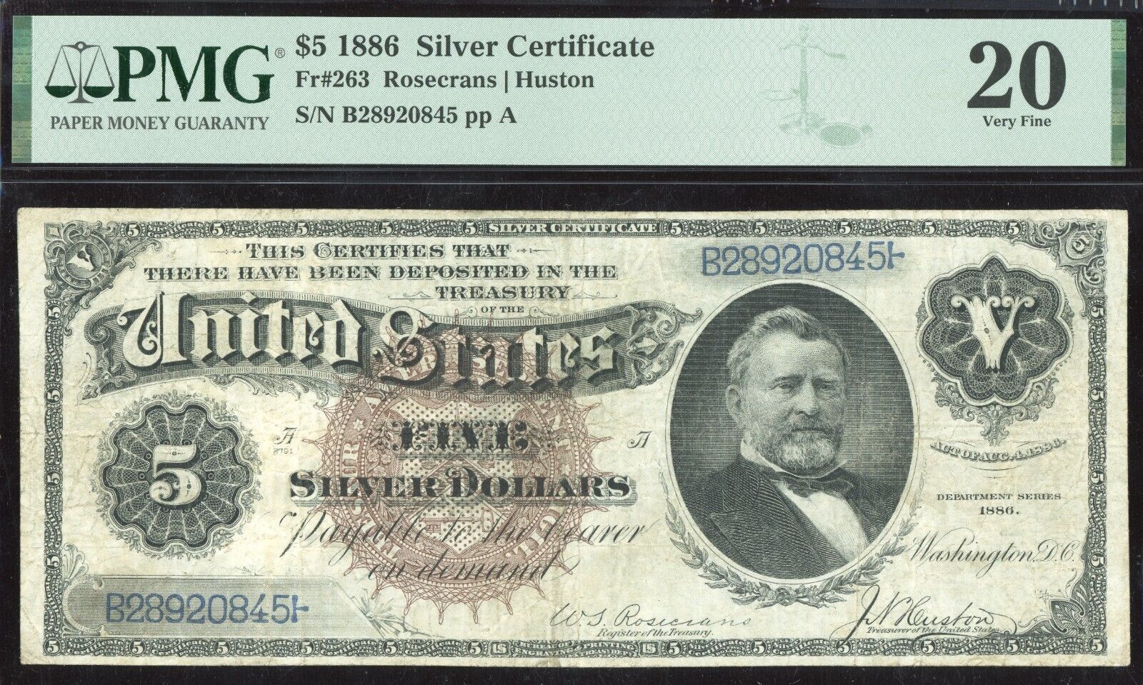 1886 $5 Silver Certificate FR.263 Rosecrans Huston PMG 20 Large Brown Seal