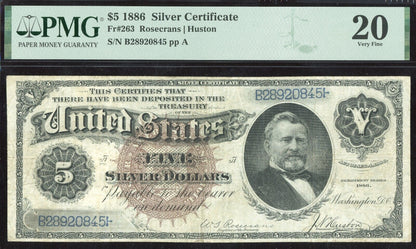 1886 $5 Silver Certificate FR.263 Rosecrans Huston PMG 20 Large Brown Seal